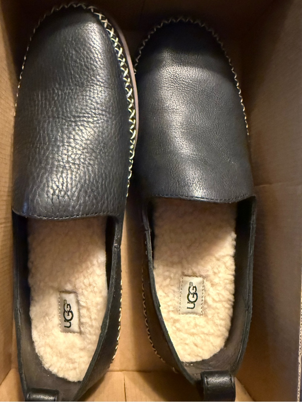 UGG Black Leather Slip-On Shearling Lined Slippers